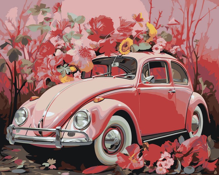 Картина по номерам «Машины: Розовый Фольксваген Жук в цветах 2»