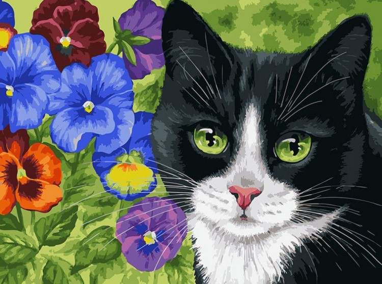 Картина по номерам «Кот в анютиных глазках»