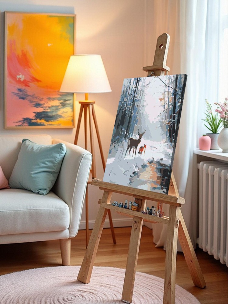 Картина по номерам Животные олень и лиса в зимнем лесу — картинка 9