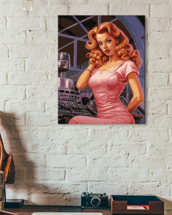 Картина по номерам «Девушка в розовом у станка в стиле пин-ап» — картинка 3