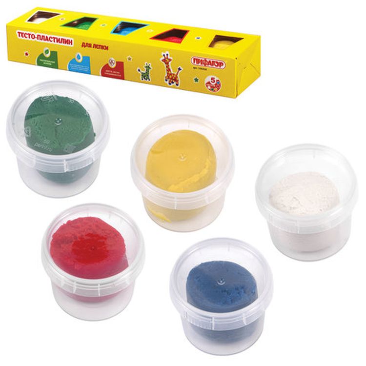 Пластилин на растительной основе (тесто для лепки) ПИФАГОР, 5 цветов, 450 г — картинка 2