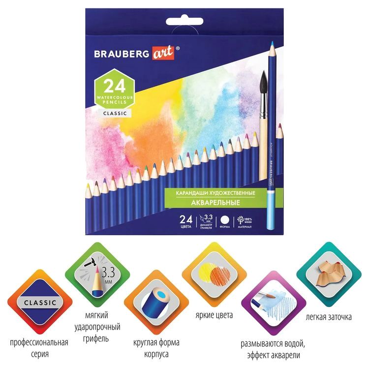 Карандаши художественные цветные акварельные BRAUBERG ART CLASSIC, 24 цв., грифель 3,3 мм — картинка 2