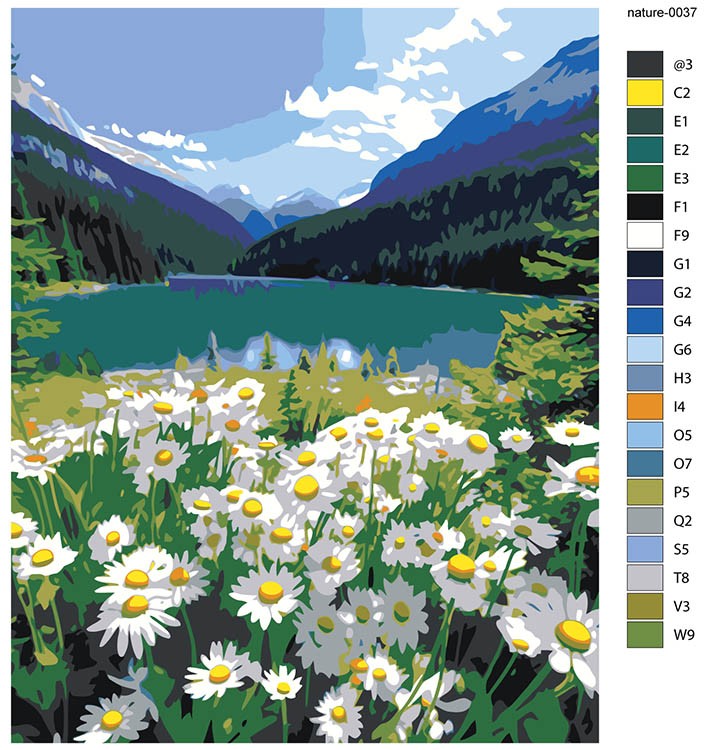 Картина по номерам «Природа: Пейзаж с полем ромашек и горным озером 2» — картинка 2