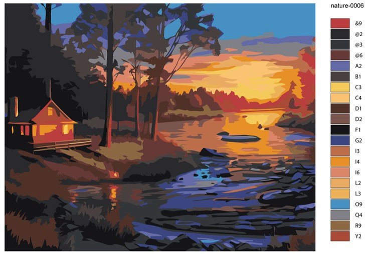 Картина по номерам «Природа: Пейзаж с домиком у ручья в лесу на закате» — картинка 2