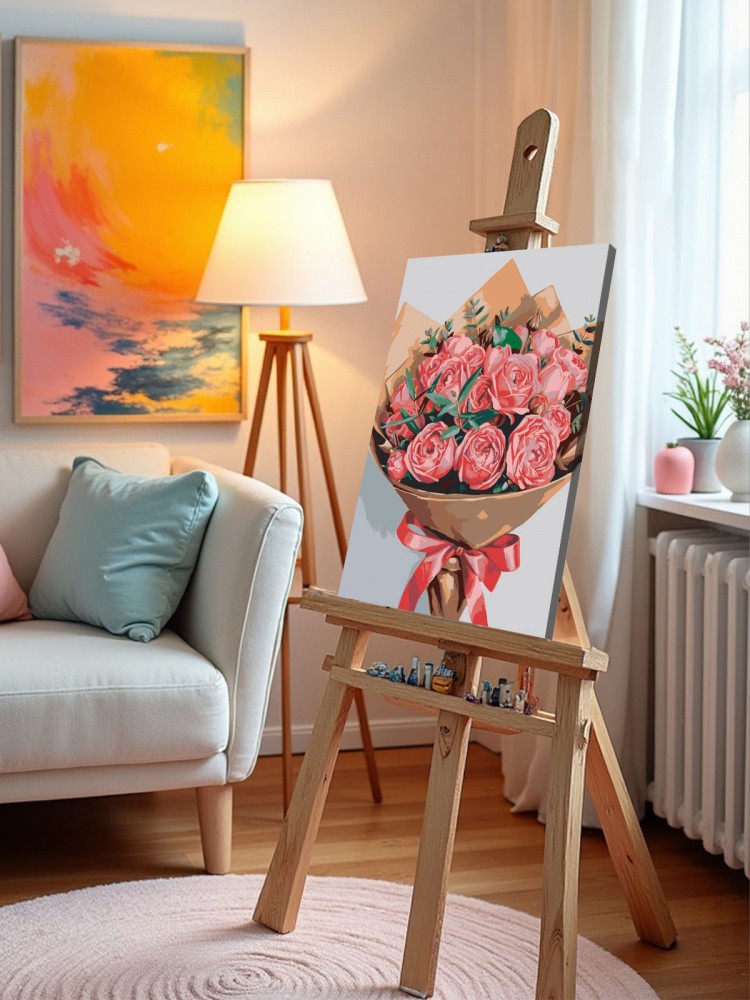 Картина по номерам Букет цветов красные розы и эвкалипт — картинка 10