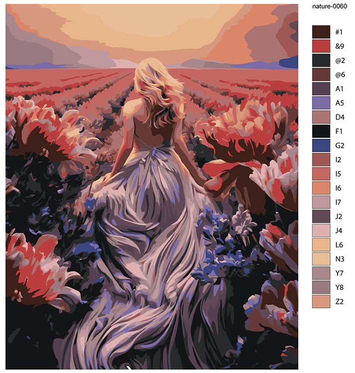 Картина по номерам «Природа: Девушка в платье на цветочном поле на закате» — картинка 2