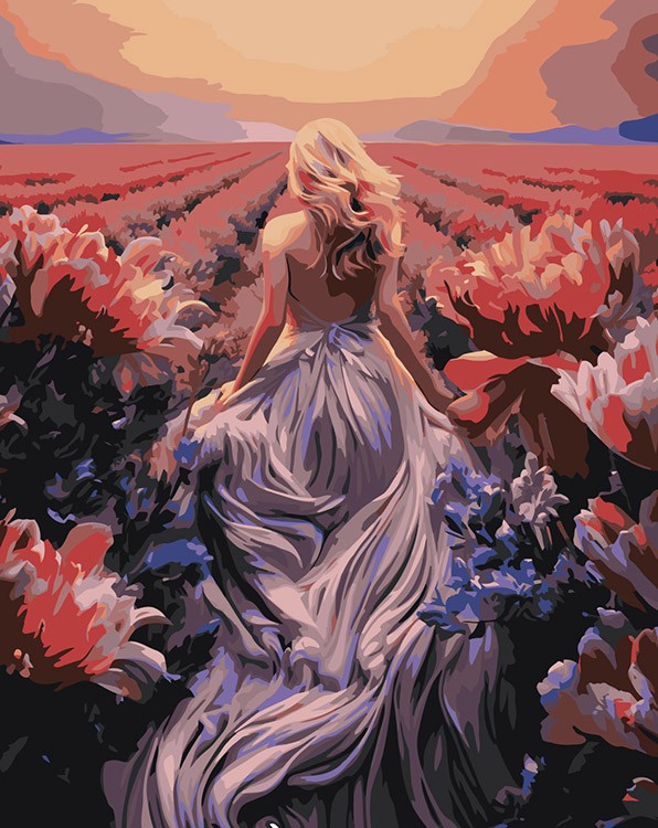 Картина по номерам «Природа: Девушка в платье на цветочном поле на закате»