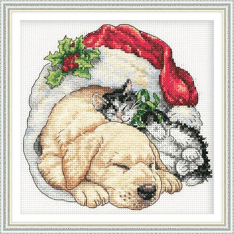 Набор для вышивания «Щенок и котенок рождественским утром»