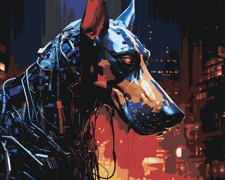 Картина по номерам «Собака доберман-киборг в городе будущего 2»