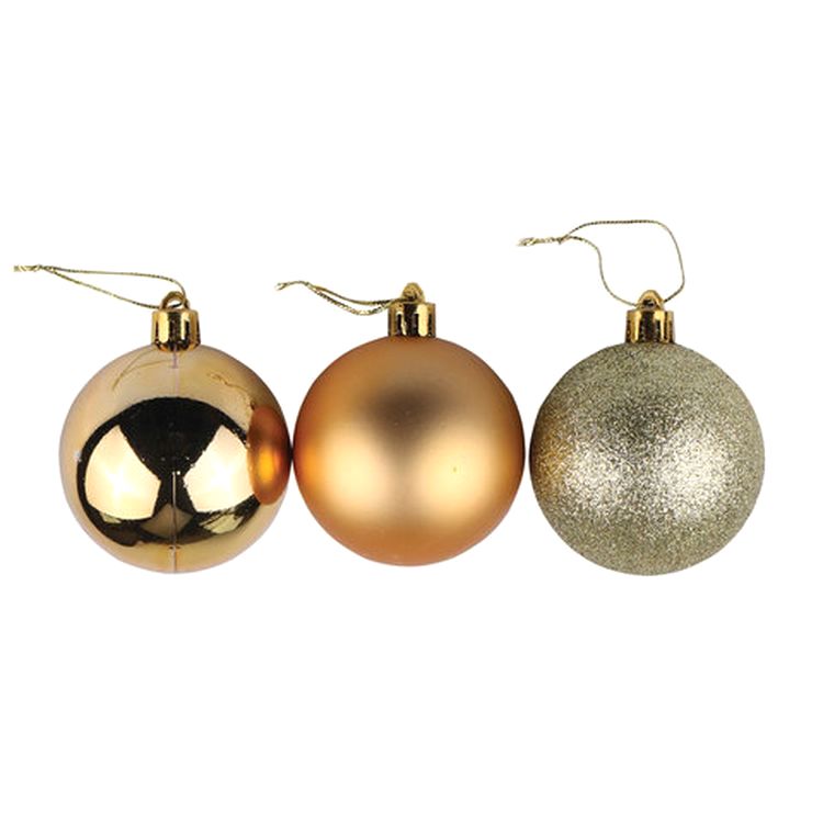 Шары елочные, набор 6 шт., пластик, 6 см, темное золото (глянец, матовый, глиттер) — картинка 2