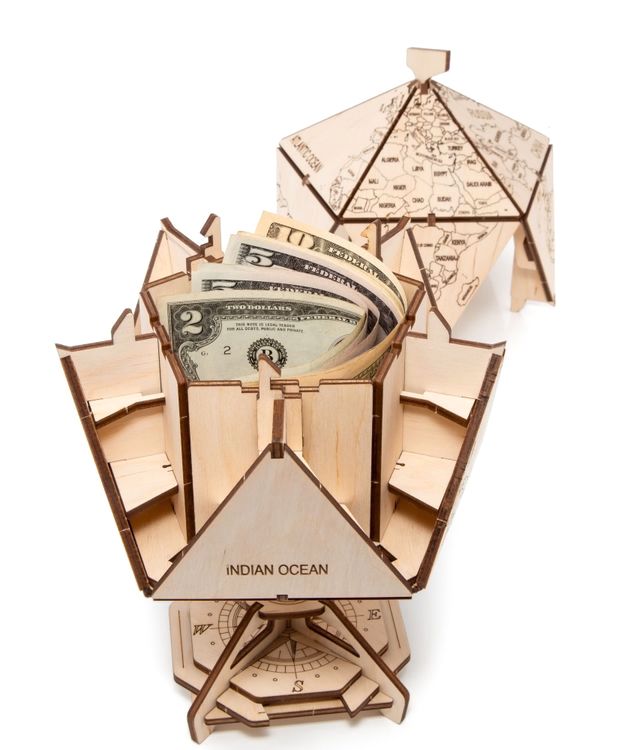 Конструктор деревянный 3D EWA «Глобус Икосаэдр с секретом», (шкатулка, сейф), красный — картинка 6