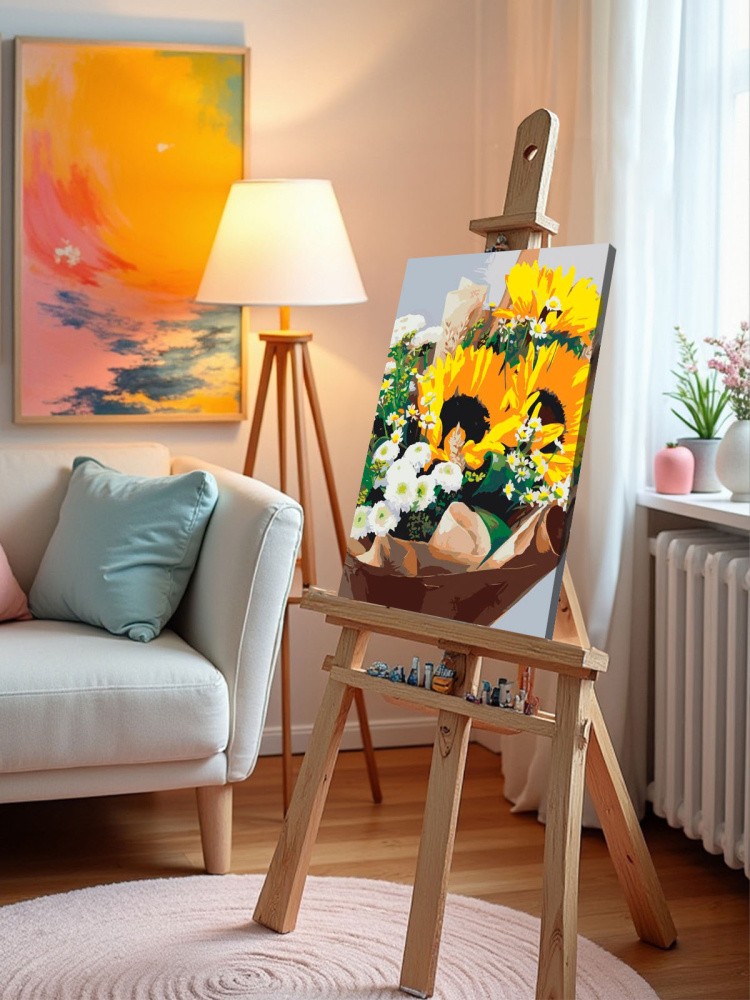 Картина по номерам Букет цветов подсолнухи и ромашки — картинка 10