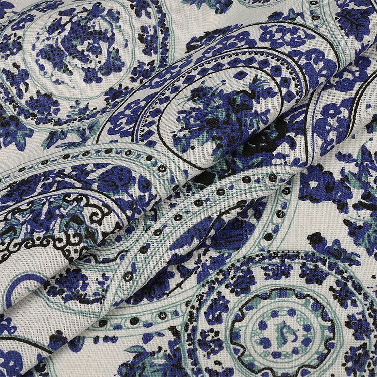 Ткань льняная, 1 м x 150 см, 140 г/м², цвет: синий, орнамент, TBY