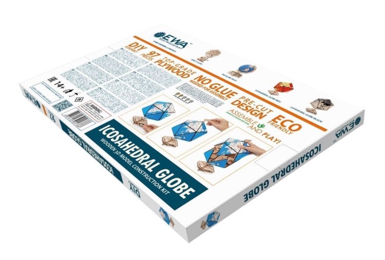 Конструктор деревянный 3D EWA «Глобус Икосаэдр с секретом», (шкатулка, сейф), синий — картинка 8