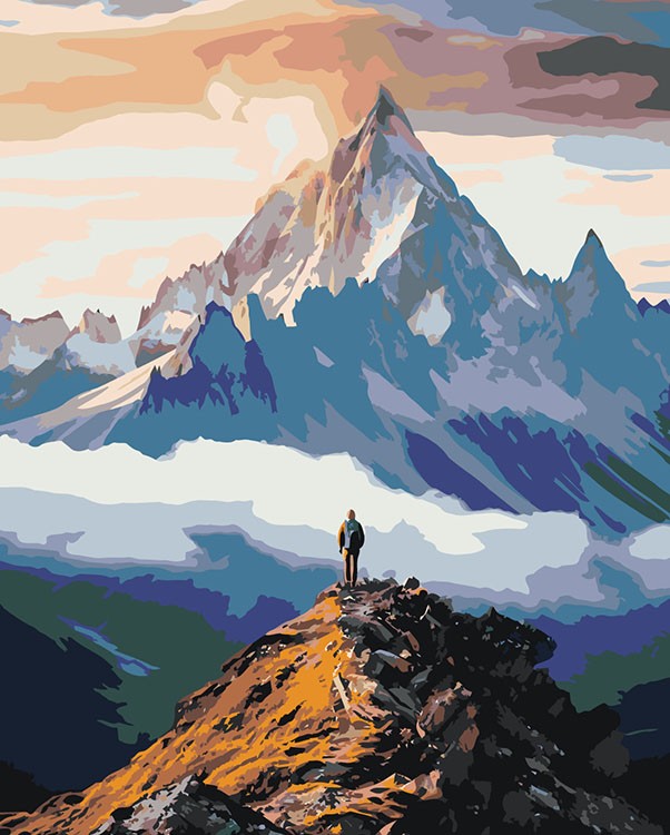 Картина по номерам «Природа: Горный пейзаж с человеком на фоне вершины»