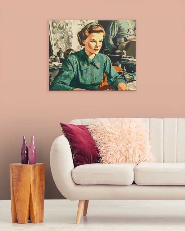 Картина по номерам «Девушка за работой в стиле постера 60-х» — картинка 3