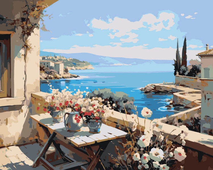 Картина по номерам «Море: Веранда с цветами и видом на залив 2»