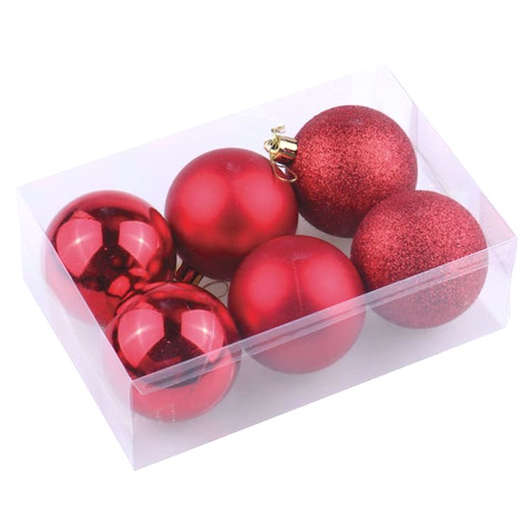 Шары елочные, набор 6 шт., пластик, 8 см, красные (глянец, матовый, глиттер) — картинка 4