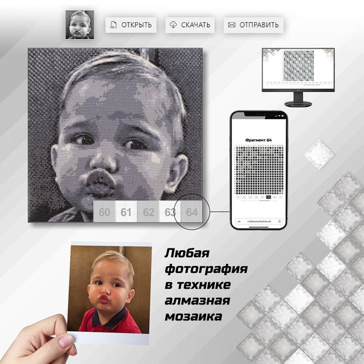 ФотоМозаика. Алмазная мозаика по фото (черно-белые стразы), 40x40 см, Белоснежка — картинка 3