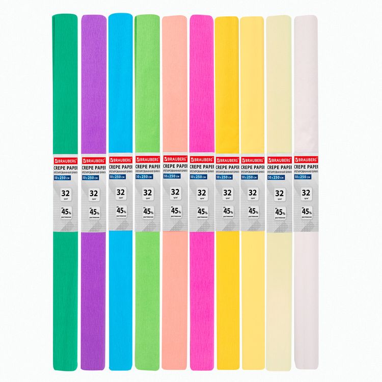 Набор гофрированной (креповой) бумаги, 32 г/м2, 10 рулонов, 50х250 см, пастель, Brauberg — картинка 2