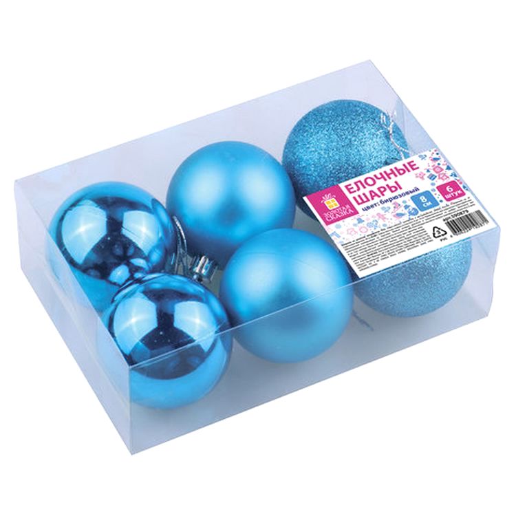 Шары елочные, набор 6 шт., пластик, 8 см, бирюзовые (глянец, матовый, глиттер) — картинка 5
