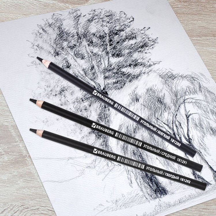 Карандаши угольные BRAUBERG ART CLASSIC, набор 12 шт., заточенные, (мягкий, средний, твердый) — картинка 9