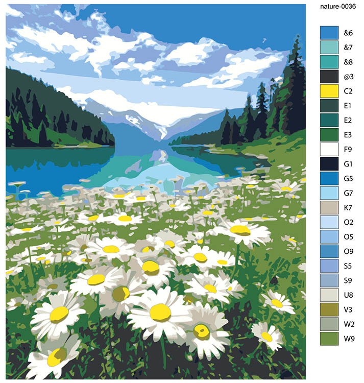 Картина по номерам «Природа: Пейзаж с полем ромашек и горным озером» — картинка 2