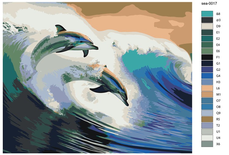 Картина по номерам «Море: Дельфины выпрыгивают из волны» — картинка 2