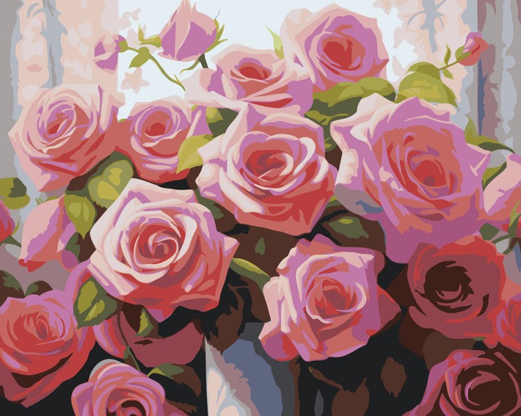 Картина по номерам «Цветы: Розовые розы в вазе»