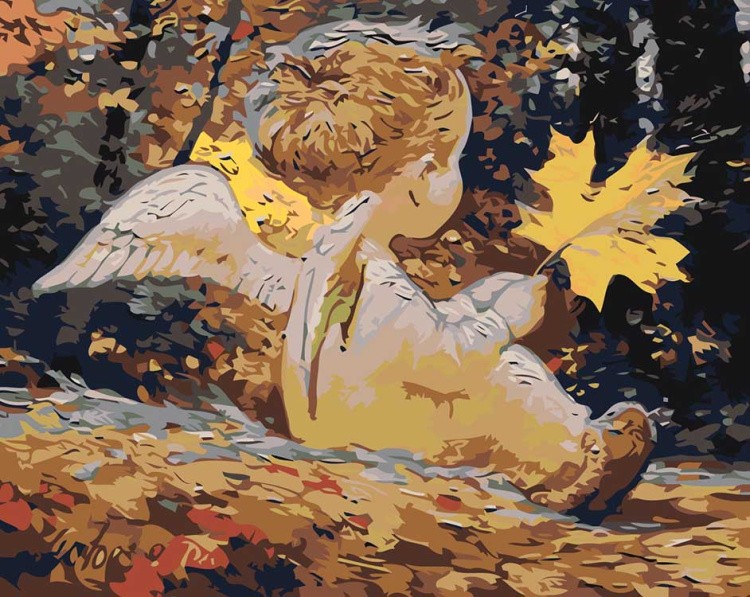 Картина по номерам «Мальчик-ангелочек с кленовым листом»