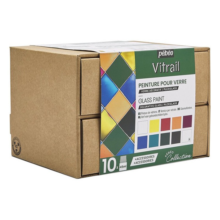 Набор красок Vitrail «Коллекция» по стеклу и металлу с аксессуарами PEBEO, 10 цв., 45 мл — картинка 2