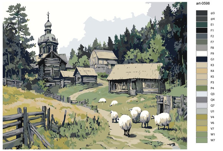 Картина по номерам «Пейзаж: церковь в деревне, белые овечки» — картинка 2