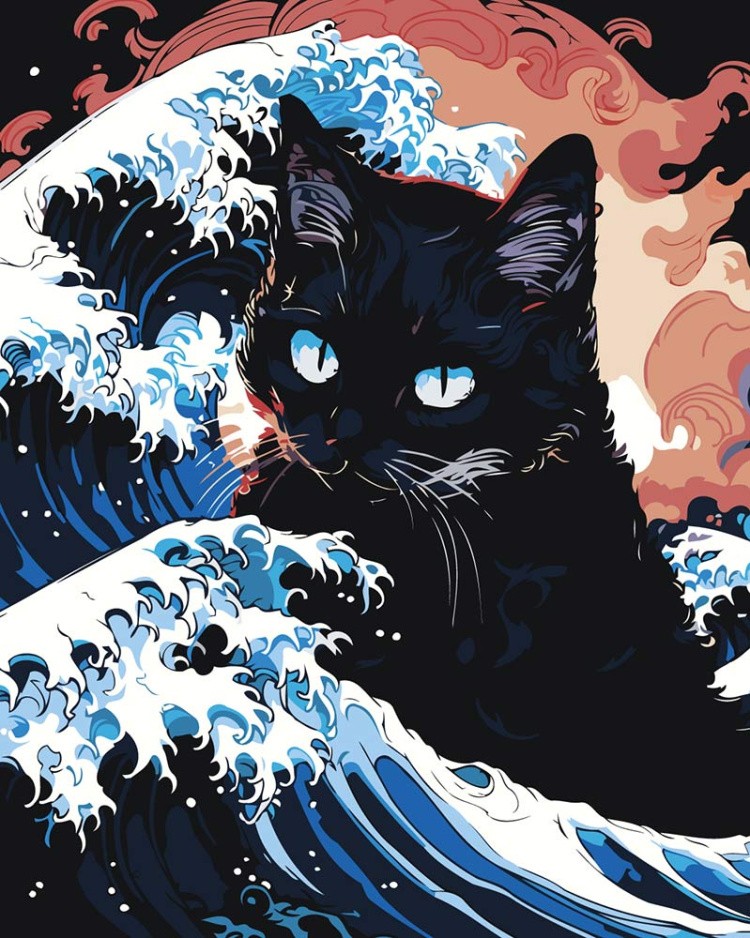Картина по номерам «Коты и кошки: черный кот в море арт»