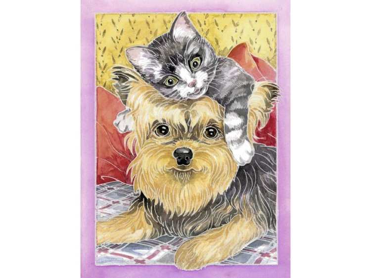 Картина акварелью по контурам «Щенки и их друзья» — картинка 3