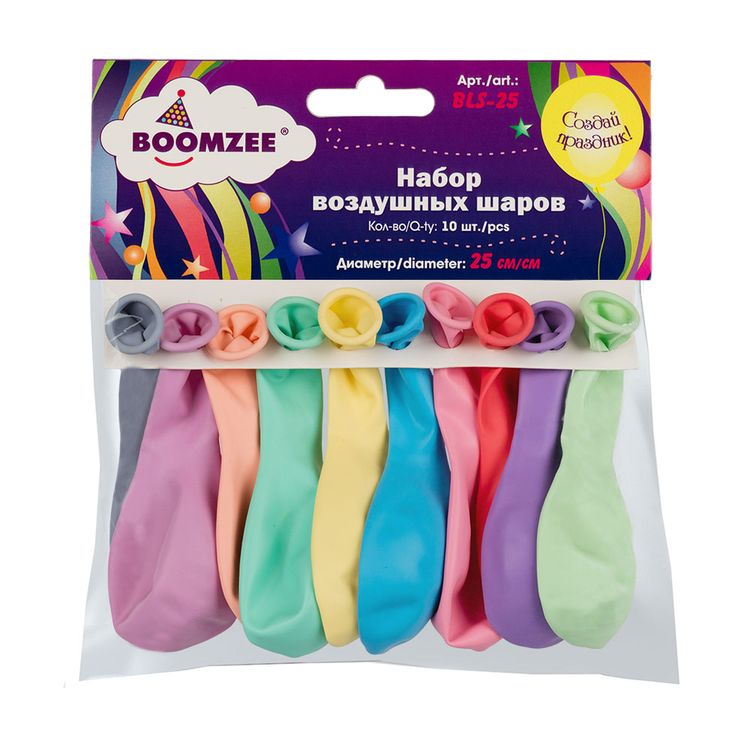 Набор воздушных шаров, 25 см, цвет: ассорти пастель, 10 шт., BOOMZEE — картинка 2