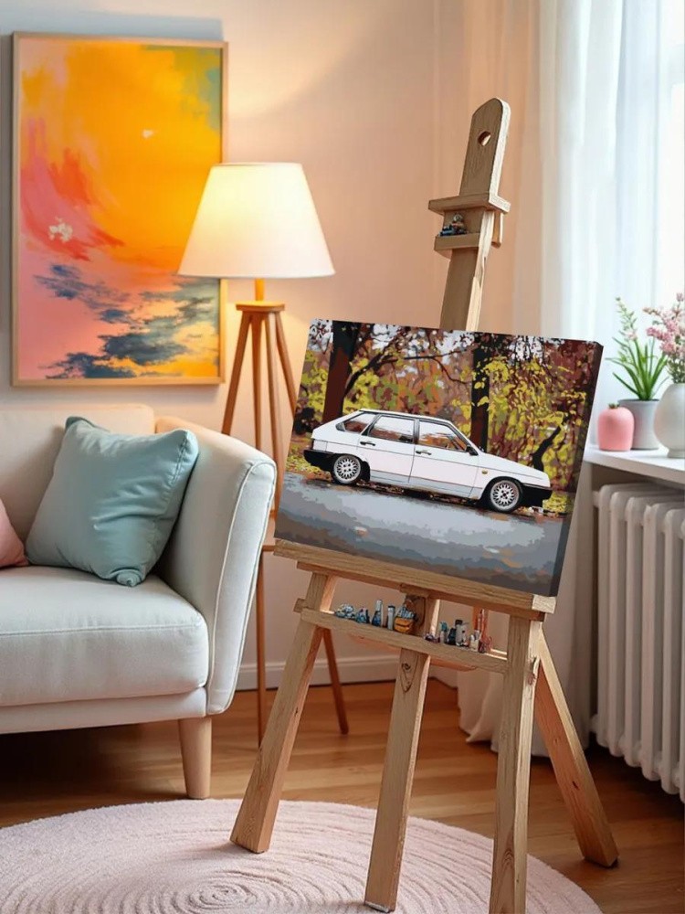 Картина по номерам «ВАЗ-2109: белая Лада девятка в осеннем лесу 2» — картинка 10