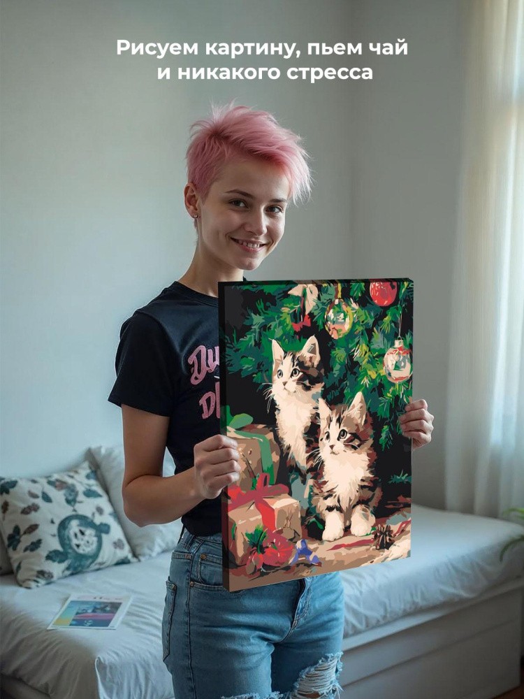 Картина по номерам Новогодняя елка и котята с подарками — картинка 6