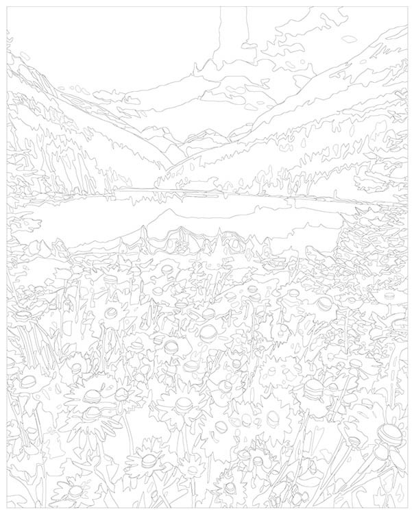 Картина по номерам «Природа: Пейзаж с полем ромашек и горным озером 2» — картинка 3