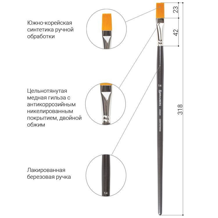 Кисть художественная профессиональная Art Classic, синтетика жесткая, плоская, № 14, длинная ручка, Brauberg — картинка 3