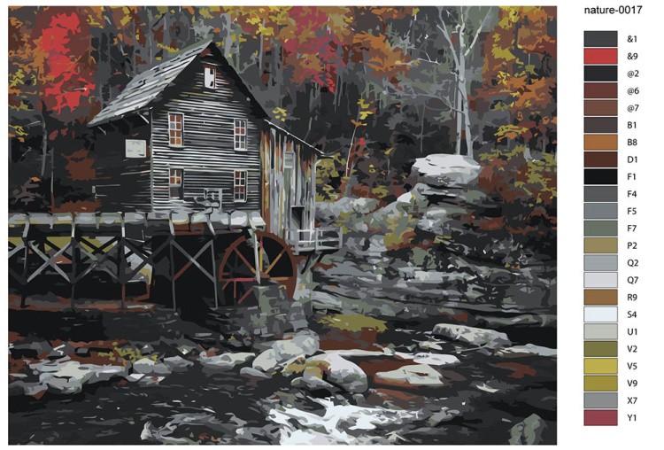 Картина по номерам «Природа: Пейзаж с мельницей у ручья в осеннем лесу» — картинка 2