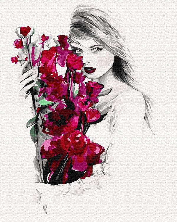 Картина по номерам «Девушка с красными цветами»