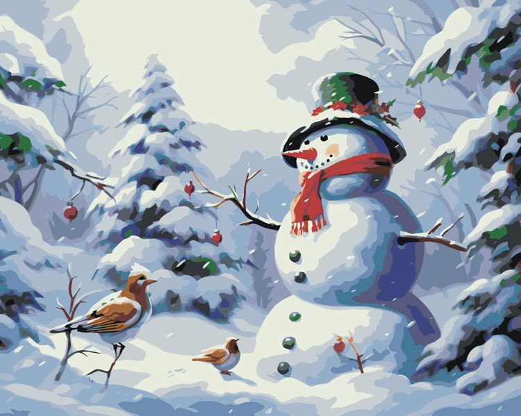Картина по номерам «Рождество: Снеговик и птицы в зимнем лесу»