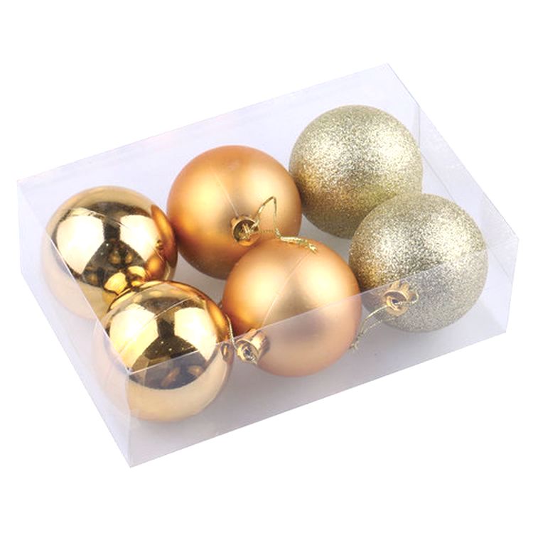 Шары елочные, набор 6 шт., пластик, 6 см, темное золото (глянец, матовый, глиттер) — картинка 4