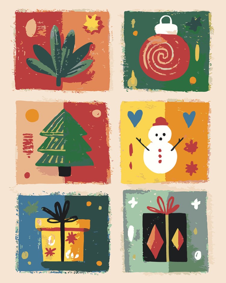 Картина по номерам Новогодняя елка подарки и снеговик арт