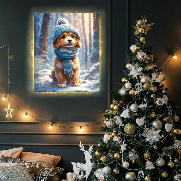 Картина по номерам «Щенок на зимней прогулке» LED подсветка — картинка 3