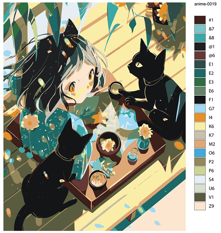 Картина по номерам «Аниме: Чайная церемония с двумя черными котами» — картинка 2