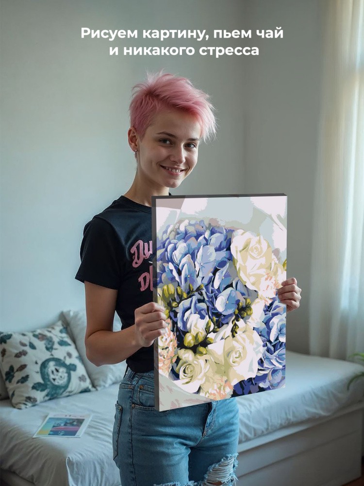 Картина по номерам Букет цветов розы гвоздики и гортензия — картинка 8