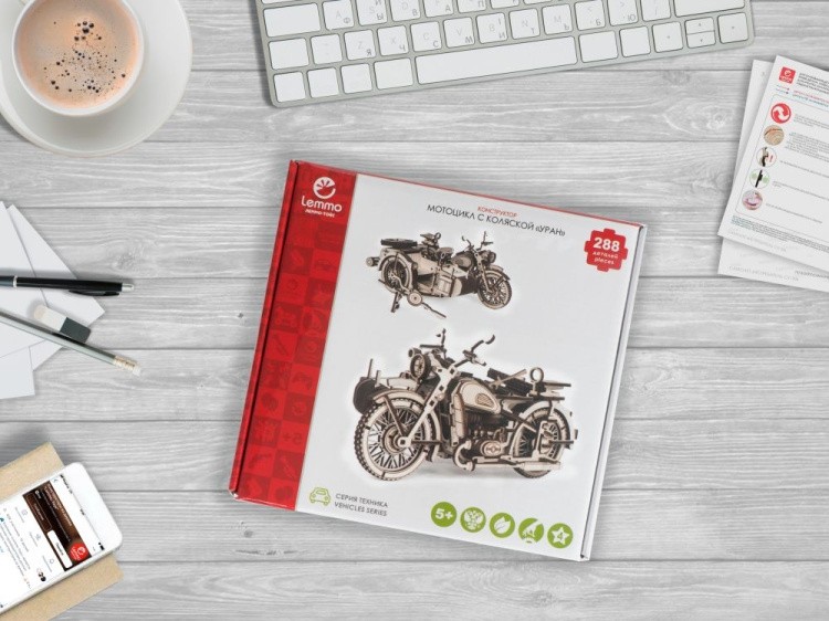 Конструктор из дерева «Мотоцикл с коляской УРАН», Lemmo — картинка 7