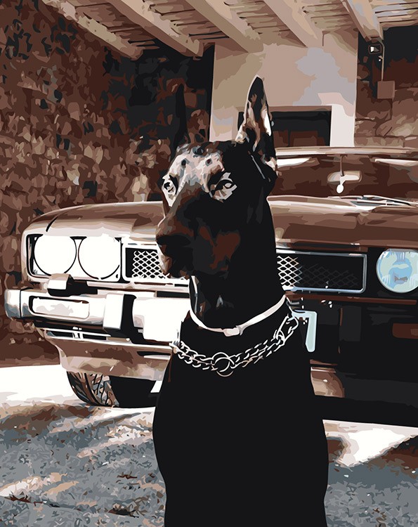 Картина по номерам «Машина Шевроле и собака доберман 40х50»