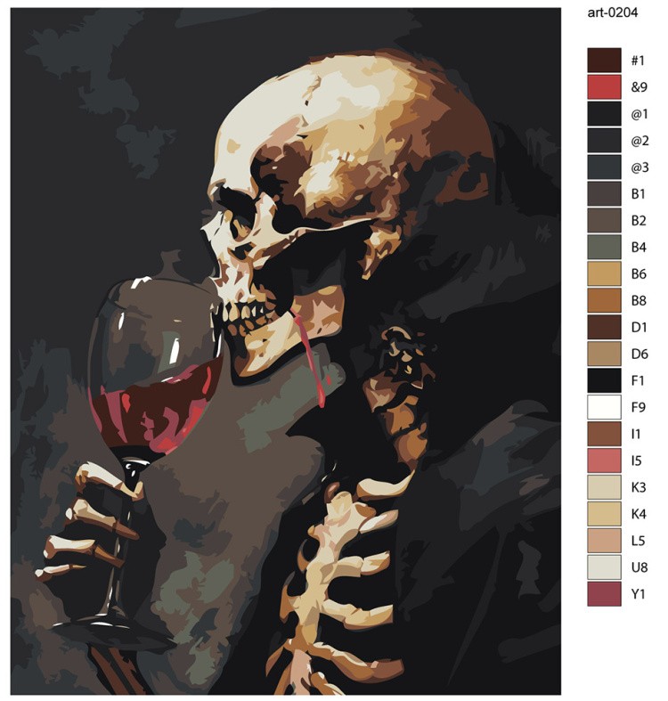 Картина по номерам «Скелет с бокалом красного вина, ужасы» — картинка 2